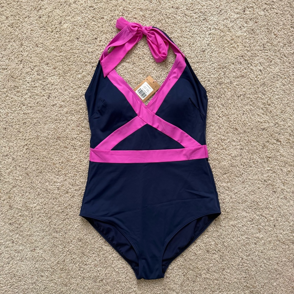 NWT Boden Kefalonia Halter Swimsuit Navy and Pink Colorblock 12 Long Torso 12L